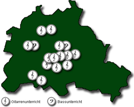 Gitarrenunterricht in Berlin: Karte mit den Standorten des Netzwerks f&uuml;r Gitarrenlehrer in Berlin